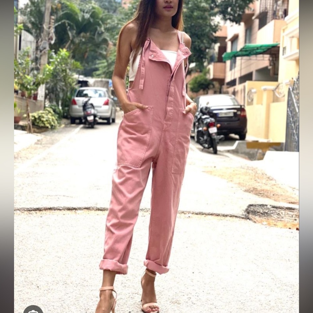 Zara Pink Denim Overalls Jumpsuit | Adjustable Straps | Size SMALL